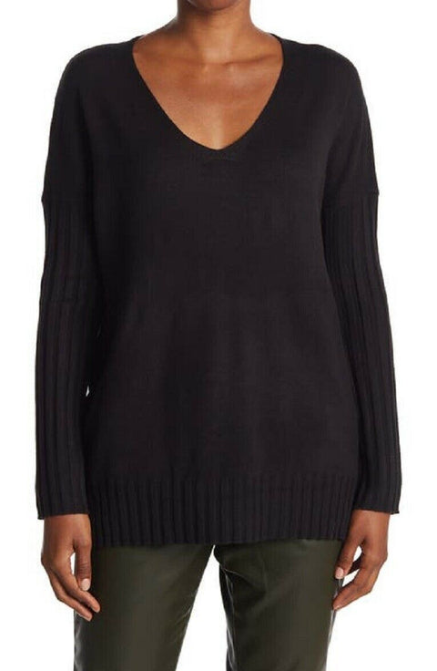 New French Connection Women's Black Long Sleeve Ribbed V-Neck Sweater Size M