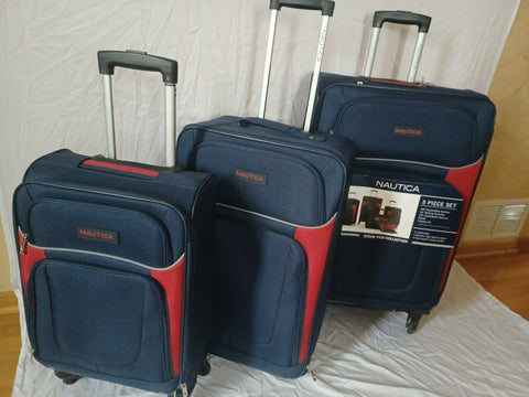 $560 New Nautica Oceanview 3 Piece Luggage Set Spinner Suitcase Blue Red Soft