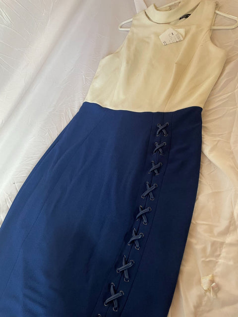 New JAX Black Label Women Sleeveless Laceup Dress White Blue Size 10