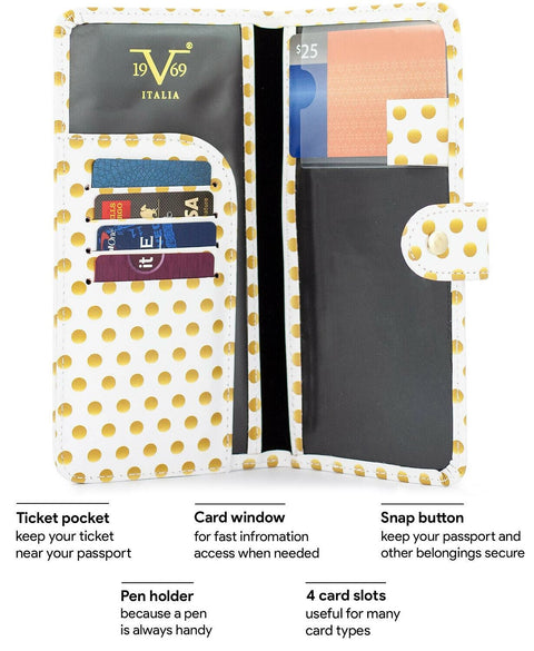 New 19V69 ITALIA RFID Blocking Passport Cover Wallet Case White Polka Dots