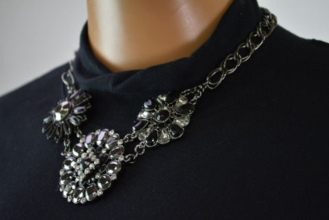 Nordstrom Joe Fresh Womens Black Gray Flower Rhinestone Necklace Fashion Jewelry - evorr.com