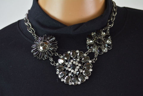 Nordstrom Joe Fresh Womens Black Gray Flower Rhinestone Necklace Fashion Jewelry - evorr.com