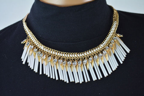 Nordstrom Joe Fresh Womens Gold Chain Stone Fringed Bib Necklace Fashion Jewelry - evorr.com