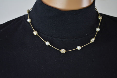 New Joe Fresh Women's Pearl Rhinestone Gold Chain Necklace Fashion Party Jewelry