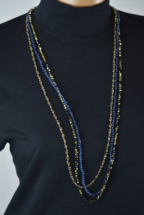 Nordstrom Joe Fresh Women's Blue 3-Layer Beaded Gold Long Chain Necklace Jewelry - evorr.com
