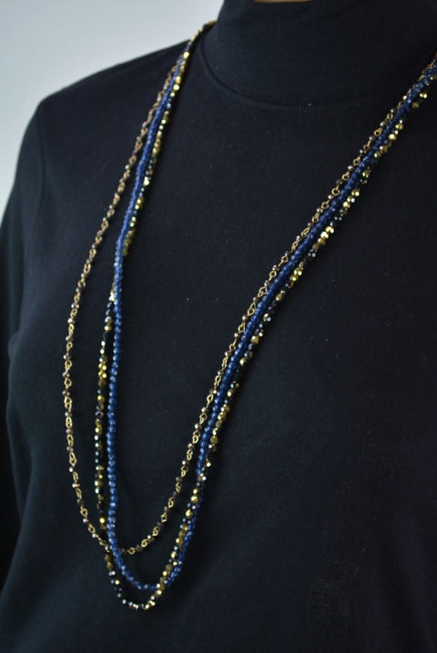 Nordstrom Joe Fresh Women's Blue 3-Layer Beaded Gold Long Chain Necklace Jewelry - evorr.com