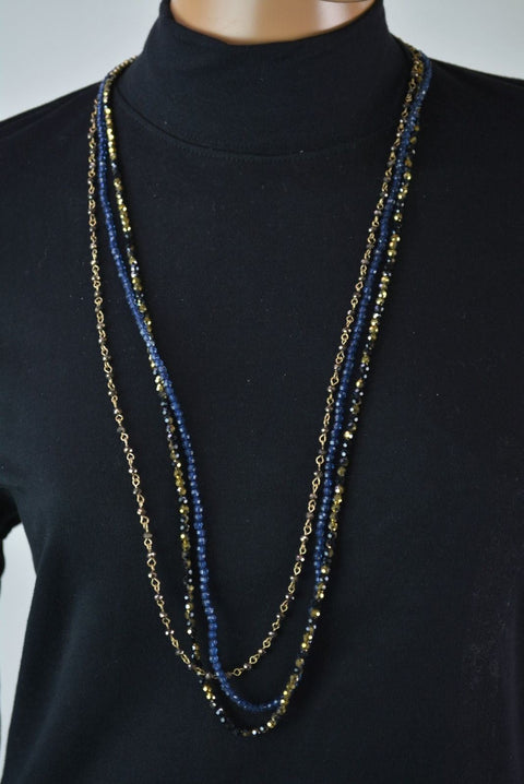 Nordstrom Joe Fresh Women's Blue 3-Layer Beaded Gold Long Chain Necklace Jewelry - evorr.com