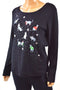 Karen Scott Women Black Long-Sleeve Embellish Animal-Graphic Scoop Blouse Top L