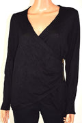 New Thalia Sodi Women's Long Sleeves Black Zipper-Trim Faux-Wrap Sweater Top M