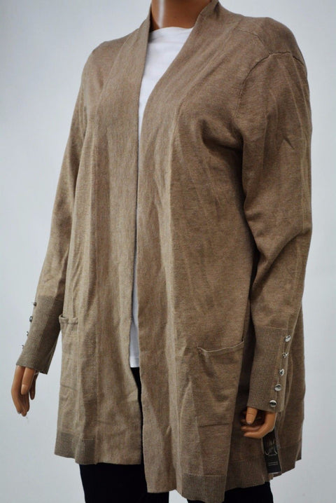 JM Collection Women's Open Front Brown Button Cuff Knit Duster Cardigan Shrug L