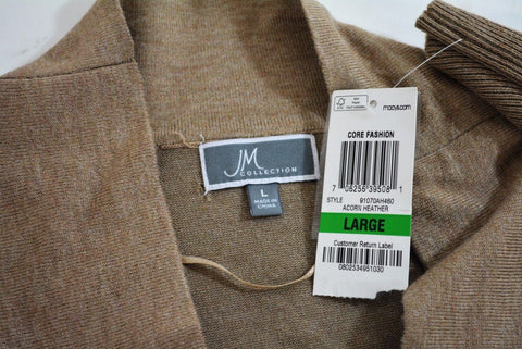 JM Collection Women's Open Front Brown Button Cuff Knit Duster Cardigan Shrug L