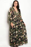 Ladies fashion plus size floral print chiffon maxi dress with a v neckline - evorr.com