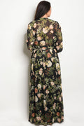 Ladies fashion plus size floral print chiffon maxi dress with a v neckline - evorr.com