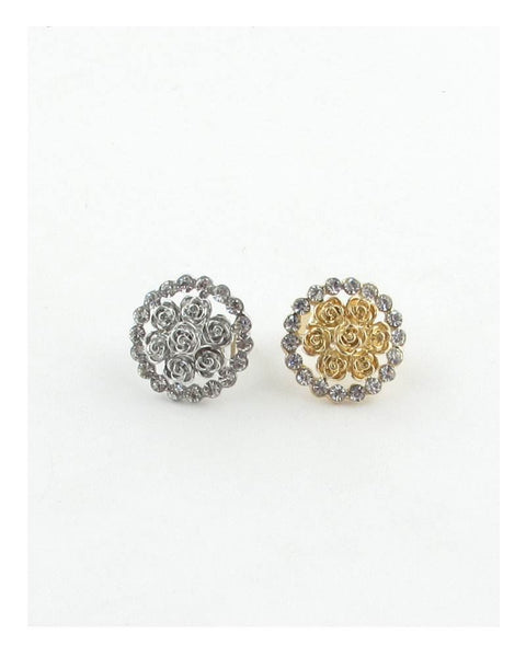 Adjustable round roses and rhinestones ring