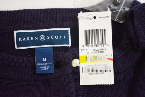 Karen Scott Womens Button Down Long Sleeves Purple Rib Trim Cardigan Shrug Top M