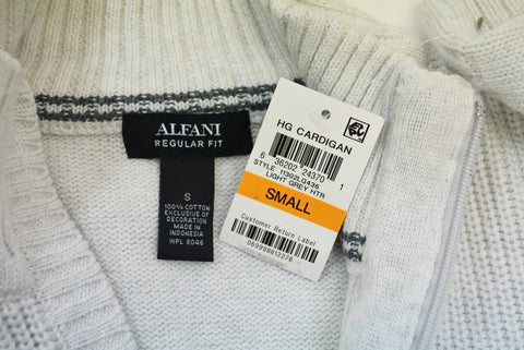 Alfani Men's Cotton Light Gray Textured Full Zip Regular Fit Cardigan Sweater S