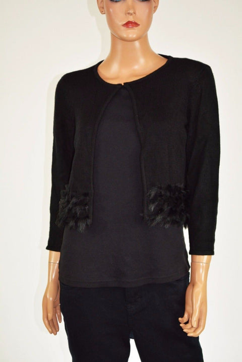 Alfani Women 3/4 SLV Black Faux-Fur-Trim Open-Front Cardigan Bolero Shrug Top S