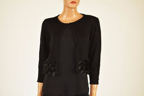 Alfani Women 3/4 SLV Black Faux-Fur-Trim Open-Front Cardigan Bolero Shrug Top S