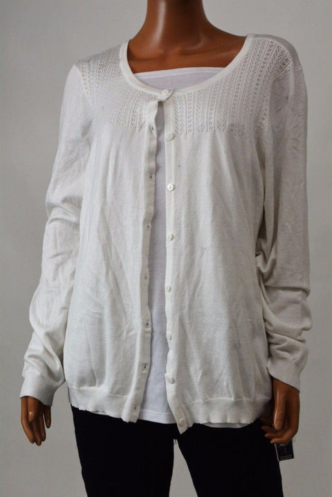 Karen Scott Women's Long-Sleeve White Pointelle Knit Cardigan Sweater Top 2XL