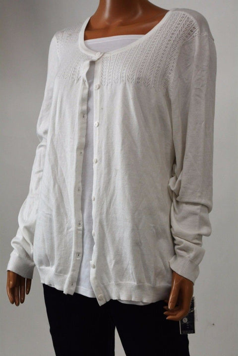 Karen Scott Women's Long-Sleeve White Pointelle Knit Cardigan Sweater Top 2XL