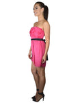 Women's 3D Floral Pattern Tube Neckline Belted Mini Fashion Dress Fuchsia Pink - evorr.com