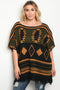 Plus size 3/4 sleeve multi color printed sweater top with a rounded neckline - evorr.com