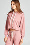 Women's Long-Sleeves Pink raw-edge hem french terry hoodie top - evorr.com
