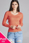 Women's Orange Plus Size Long-Sleeve V-Neck Cable Knit Classic Sweater Top - evorr.com
