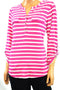 $59 Charter Club Women's Roll-Tab Sleeves Pink Striped Henley Blouse Top Plus 3X