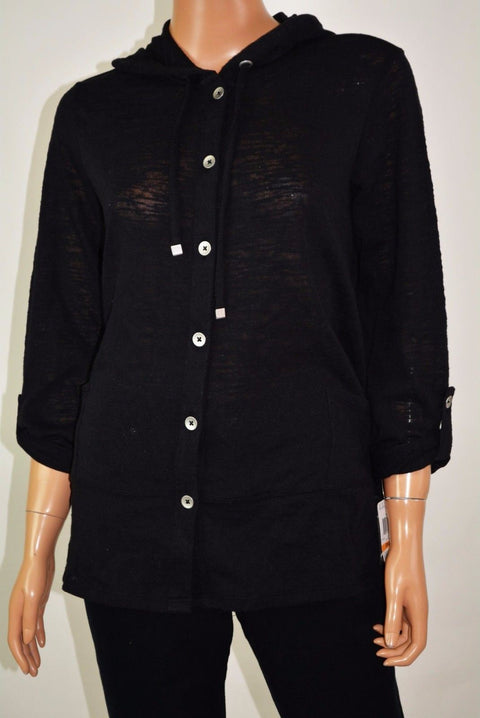 New Style&Co Women's 3/4 Sleeves Black Button Front Hooded Cardigan Shrug Top S - evorr.com