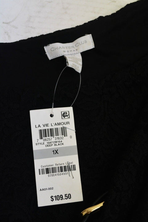 $109 Charter Club Womens Short-Sleeve Black Lace Fit & Flare Tunic Dress Plus 1X - evorr.com