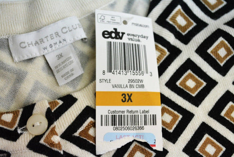 Charter Club Womens Beige Diamond-Print Button-Down Cardigan Sweater Top Plus 3X