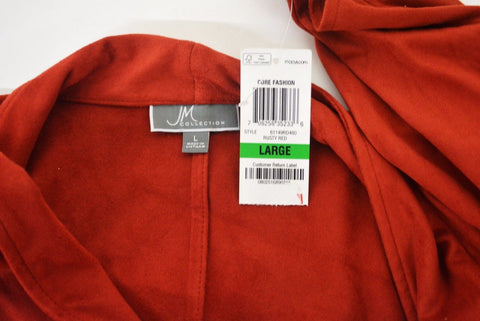 New JM Collection Women Open-Front Stretch Red Draped Suede Cardigan Shrug Top L