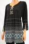 New JM Collection Women's Stretch Black Lace-Up Printed Tunic Blouse Top Plus 1X