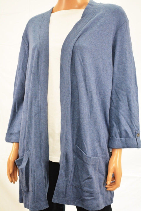New Karen Scott Women's Cotton Blue Open Front Tab-Sleeve Cardigan Shrug Plus 2X