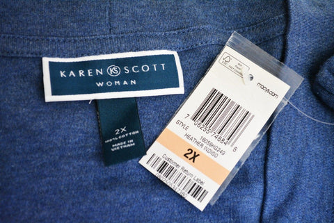 New Karen Scott Women's Cotton Blue Open Front Tab-Sleeve Cardigan Shrug Plus 2X