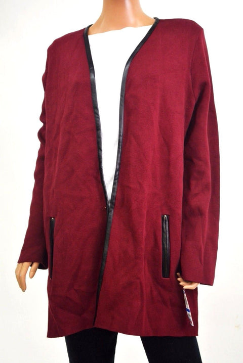Charter Club Women Open Front Red Faux-Leather Trim Cardigan Duster Shrug Top L