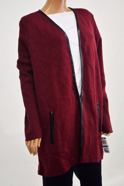 Charter Club Women Open Front Red Faux-Leather Trim Cardigan Duster Shrug Top L