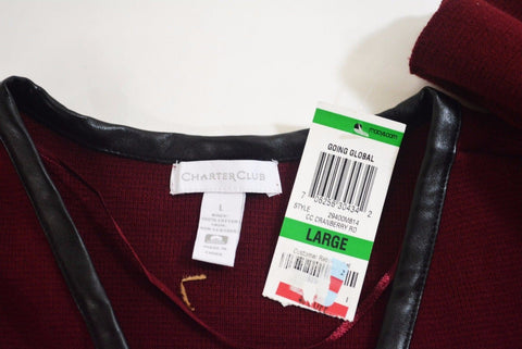 Charter Club Women Open Front Red Faux-Leather Trim Cardigan Duster Shrug Top L