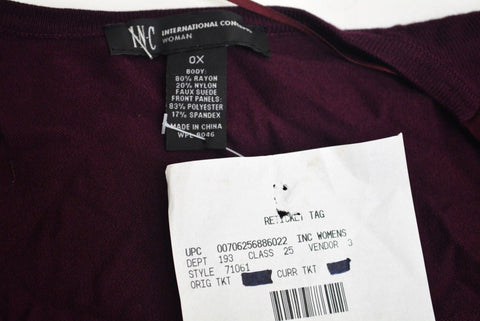 INC Concepts Women Burgundy Open Front Draped Faux-Suede Cardigan Shrug Plus 0X
