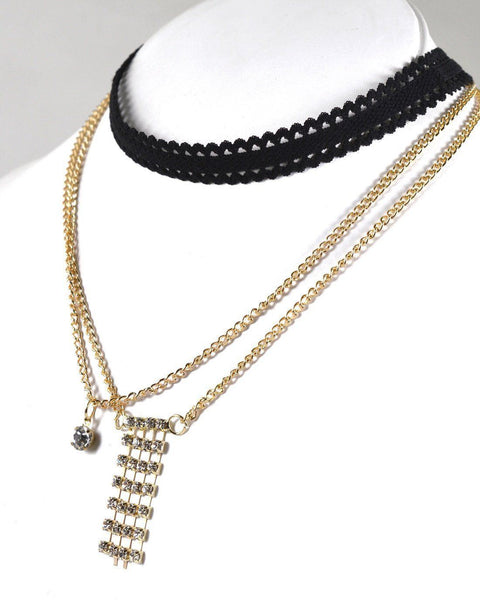 Layered Cutout Lace Band and Rolo Chain Choker Necklace - evorr.com