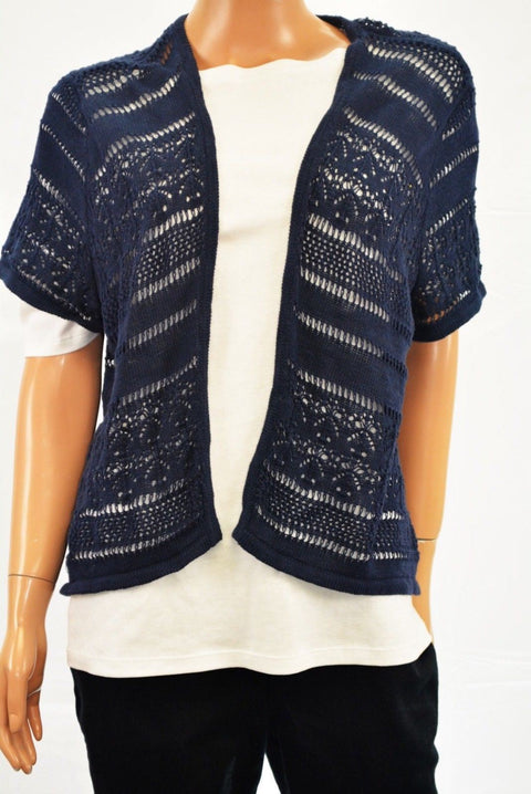 Karen Scott Women Cotton Blue Open-Front Pointelle Knit Cardigan Shrug Plus 1X