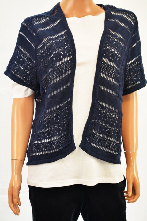 Karen Scott Women Cotton Blue Open-Front Pointelle Knit Cardigan Shrug Plus 1X