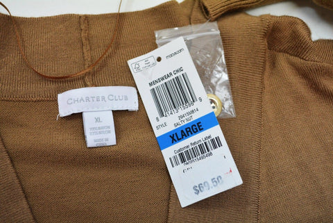 Charter Club Women Brown Open Front Pockets Buttoned-Cuff Knit Cardigan Shrug XL