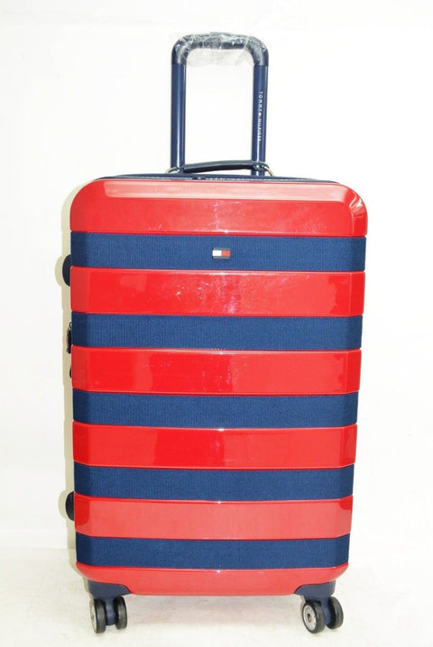 $280 TOMMY HILFIGER Red Rugby Striped 24'' Hard Case Spinner Suitcase Luggage