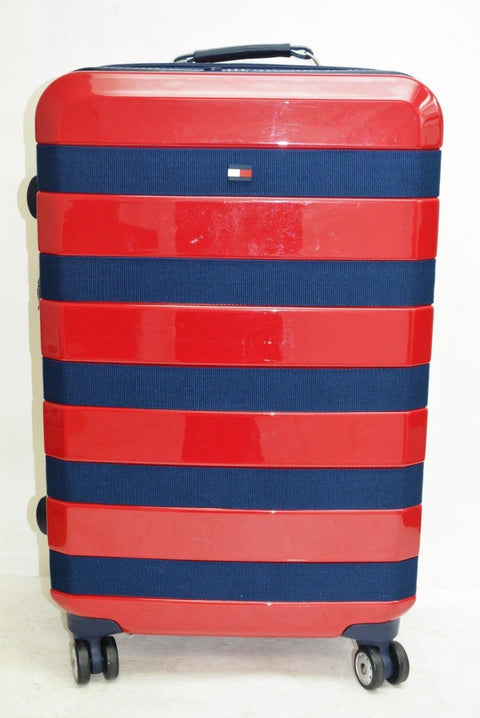 $280 TOMMY HILFIGER Red Rugby Striped 24'' Hard Case Spinner Suitcase Luggage