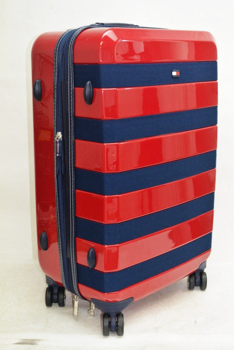 $280 TOMMY HILFIGER Red Rugby Striped 24'' Hard Case Spinner Suitcase Luggage