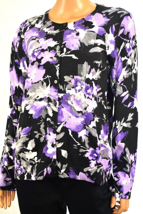 Karen Scott Women Long-Sleeves Purple Floral-Print Button Down Cardigan Shrug M