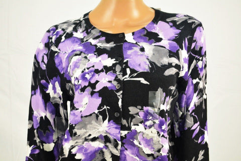 Karen Scott Women Long-Sleeves Purple Floral-Print Button Down Cardigan Shrug M