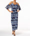 New NY Collection Women Stretch Blue Printed Cold Shoulder Ruffled Maxi Dress L